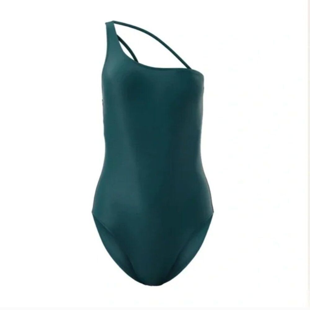 Girlfriend Collective Asymmetrical Split Strap One Piece Swimsuit Teal
